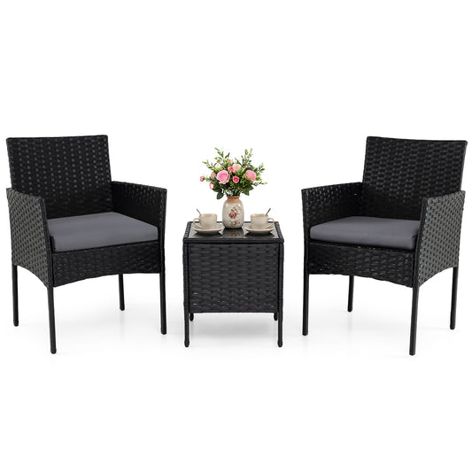 Garden Furniture Set 3-piece Rattan Balcony Furniture Set with 2 Cushioned Chairs-Grey