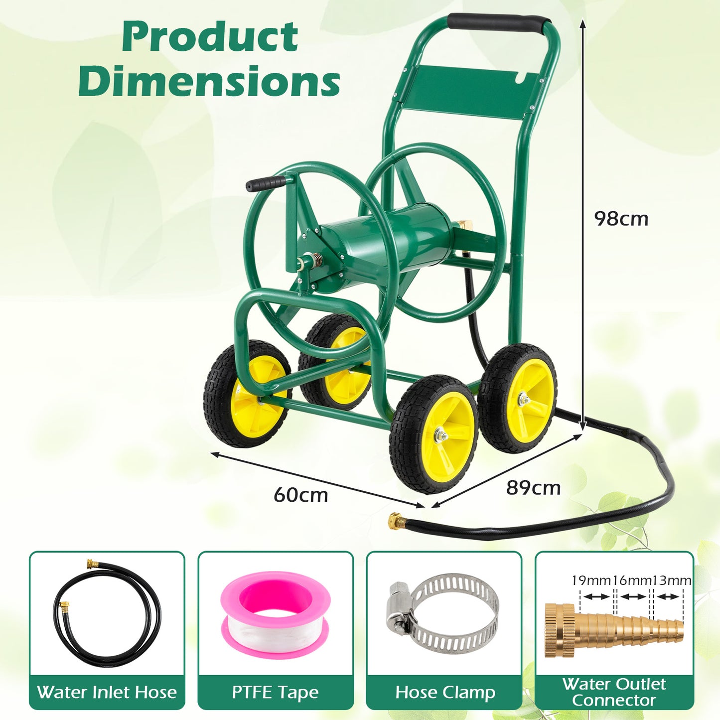 Garden Hose Reel Cart 4 Wheels 100 m of 16 mm Large Capacity-Green
