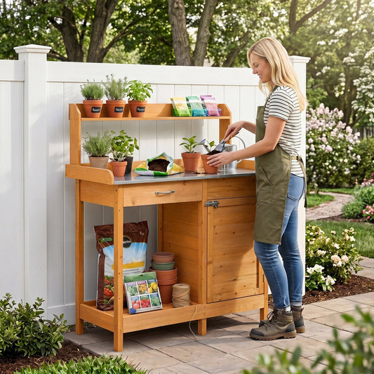 Garden Potting Bench with Stainless Steel Top and Lockable Cabinet for Yard-Yellow
