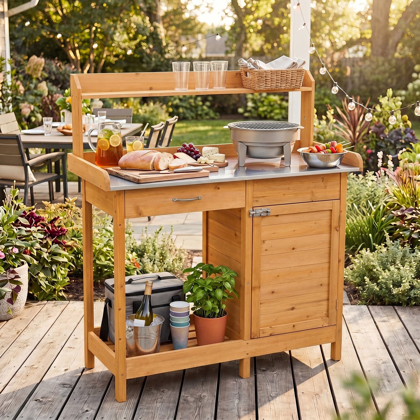 Garden Potting Bench with Stainless Steel Top and Lockable Cabinet for Yard-Yellow