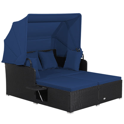 Garden Rattan Daybed with Retractable Canopy and Cushions-Navy