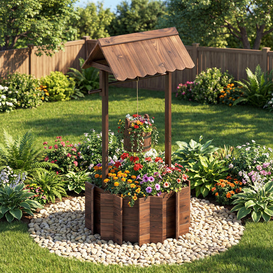 Garden Wooden Wishing Well Bucket with Hanging Bucket Planter-Brown