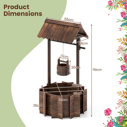 Garden Wooden Wishing Well Bucket with Hanging Bucket Planter-Brown