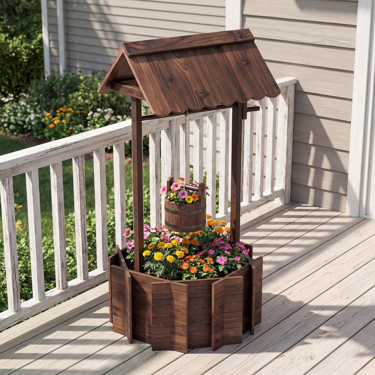 Garden Wooden Wishing Well Bucket with Hanging Bucket Planter-Brown