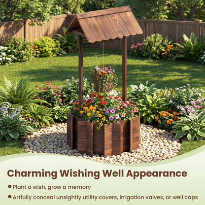Garden Wooden Wishing Well Bucket with Hanging Bucket Planter-Brown