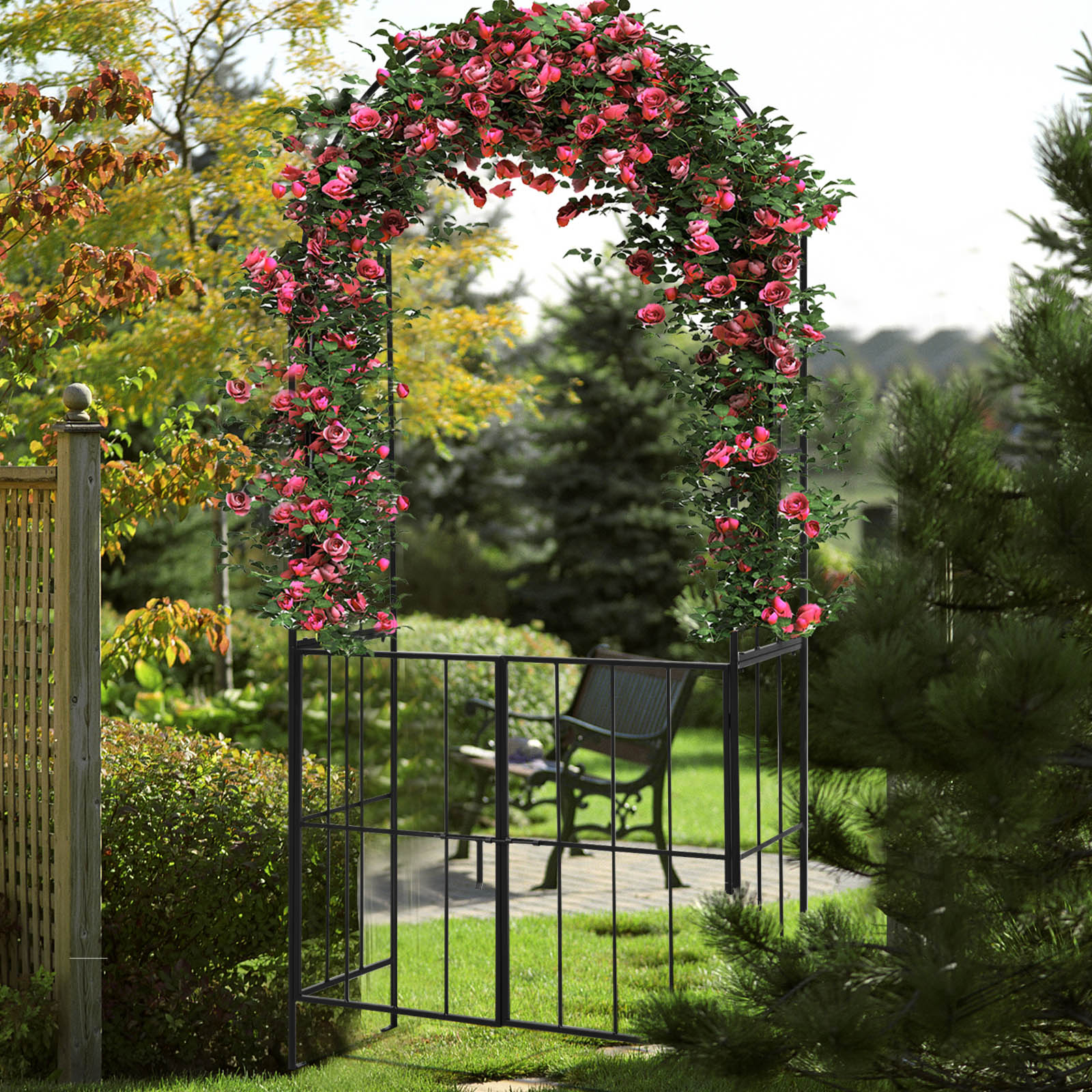 Garden Arch Arbor Trellis with Gate Tall Heavy-Duty Metal Arbour Archway-Black