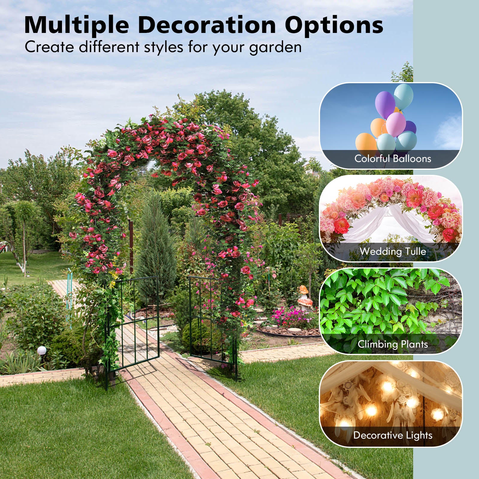 Garden Arch Arbor Trellis with Gate Tall Heavy-Duty Metal Arbour Archway-Black