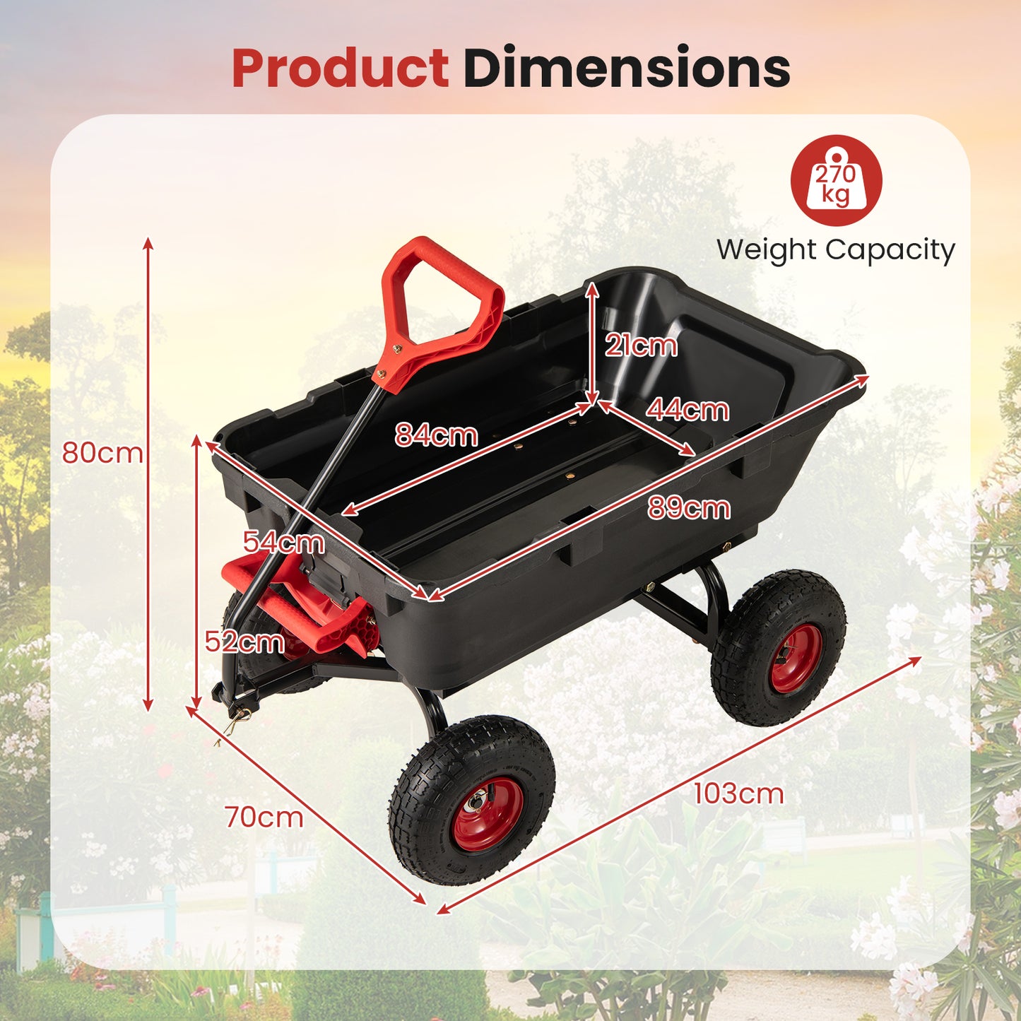 Garden Dump Cart with Adjustable Handle and Quick Dump Design-Red & Black