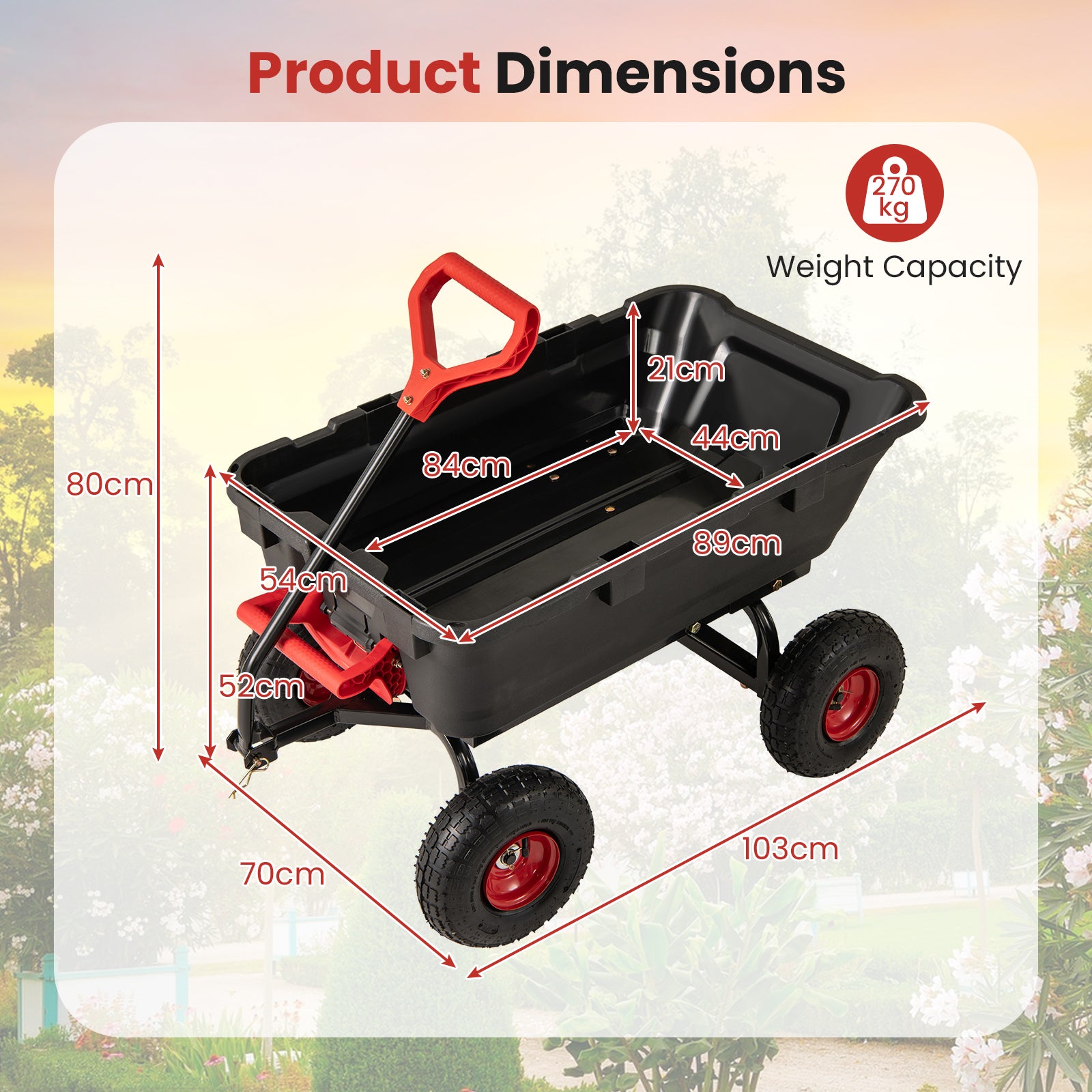 Garden Dump Cart with Adjustable Handle and Quick Dump Design-Red & Black