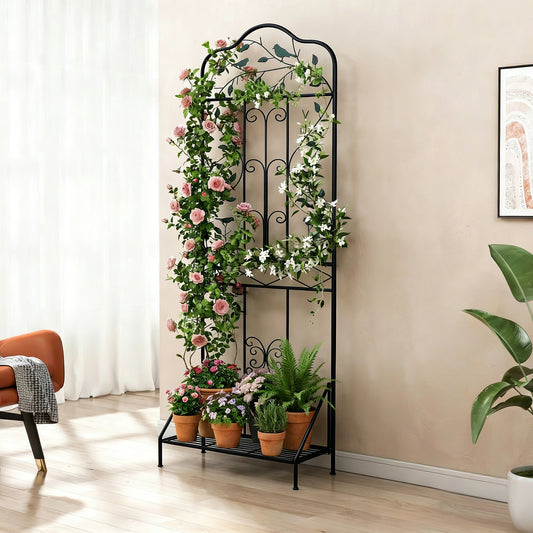 Garden Trellis with Foldable Shelf and Anti-Tipping Device-Black-2 Pack
