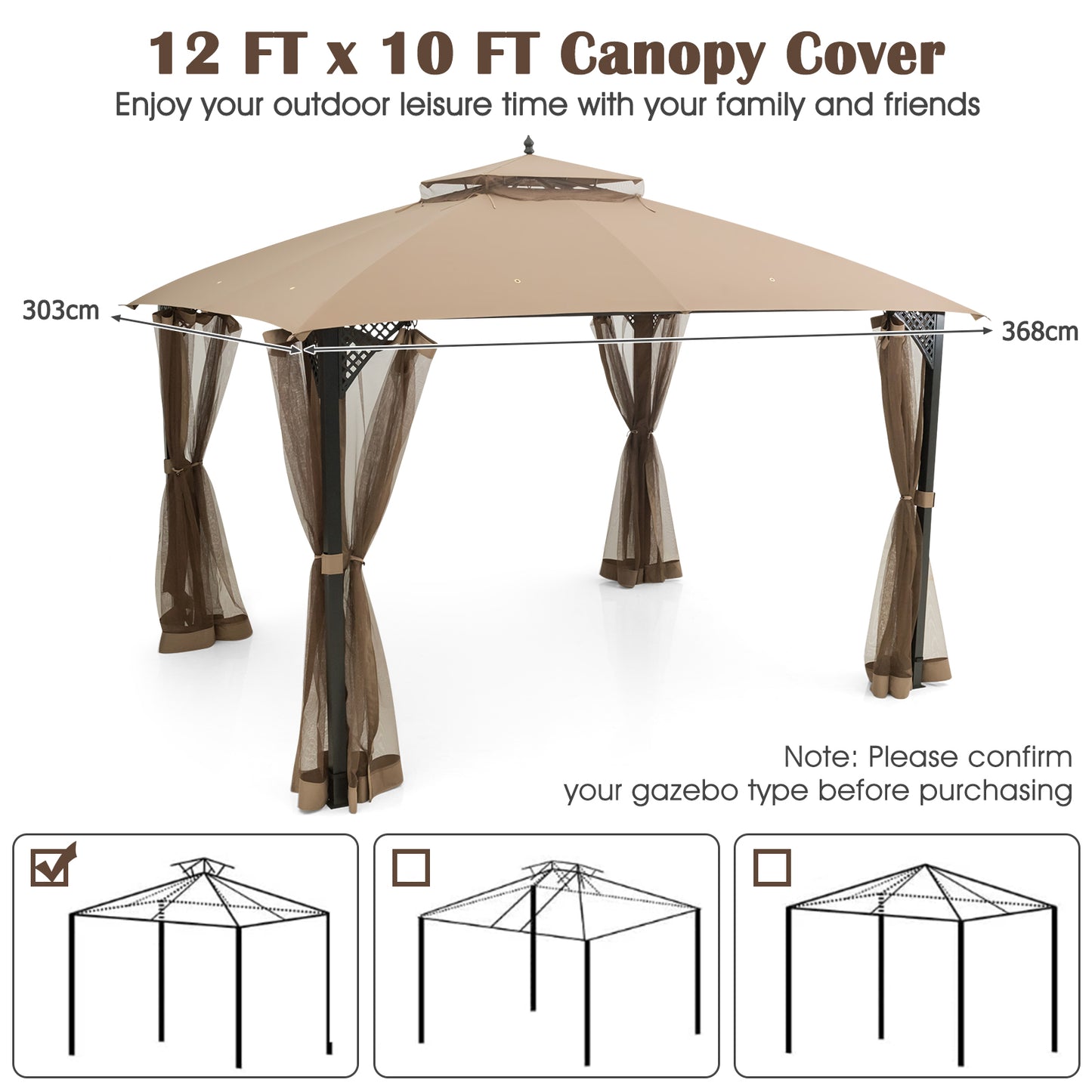368 x 303CM Gazebo Replacement Top with Air Vent and Drainage Holes-Brown