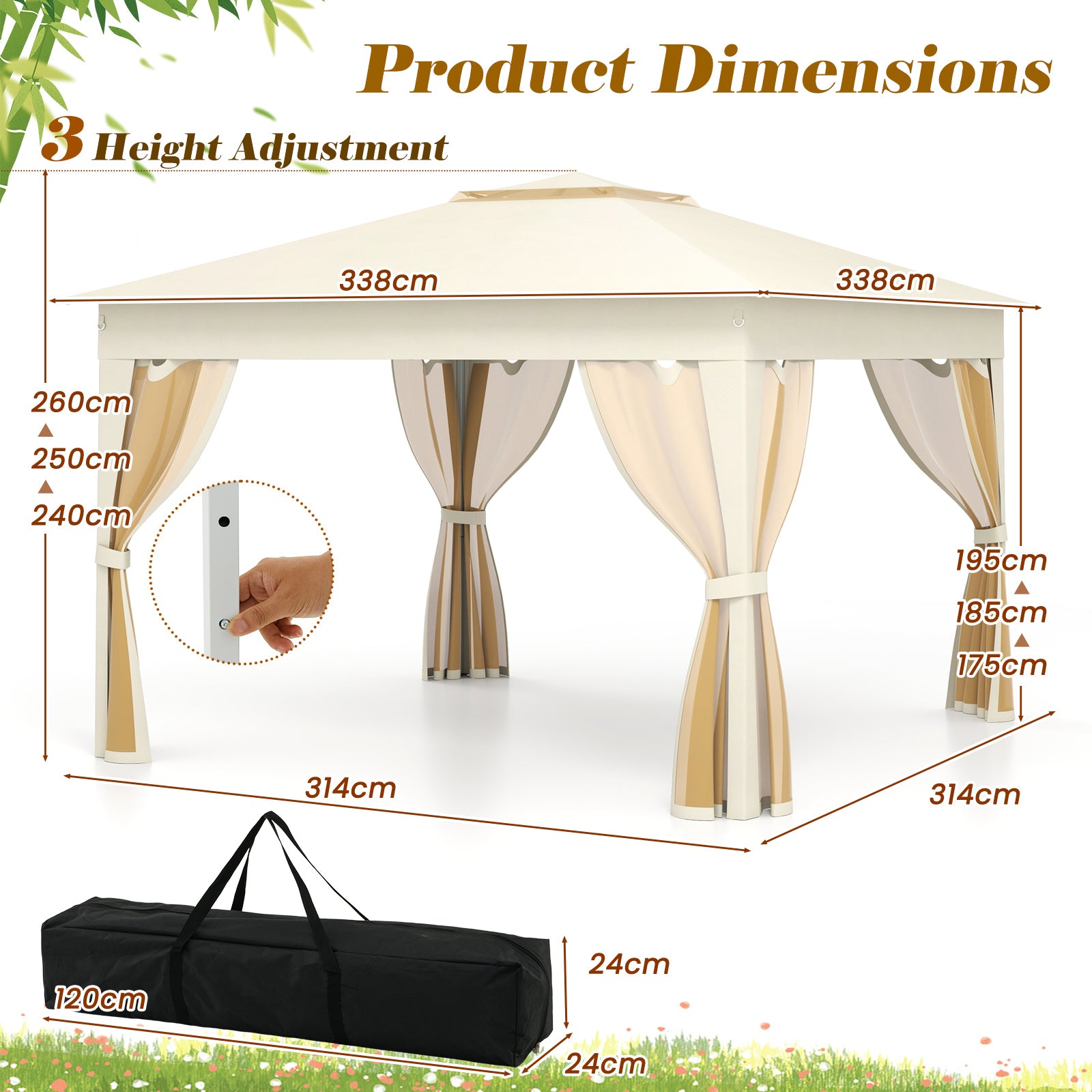 338 x 338 CM Pop Up Gazebo with Mesh Netting and Double Roof-Beige