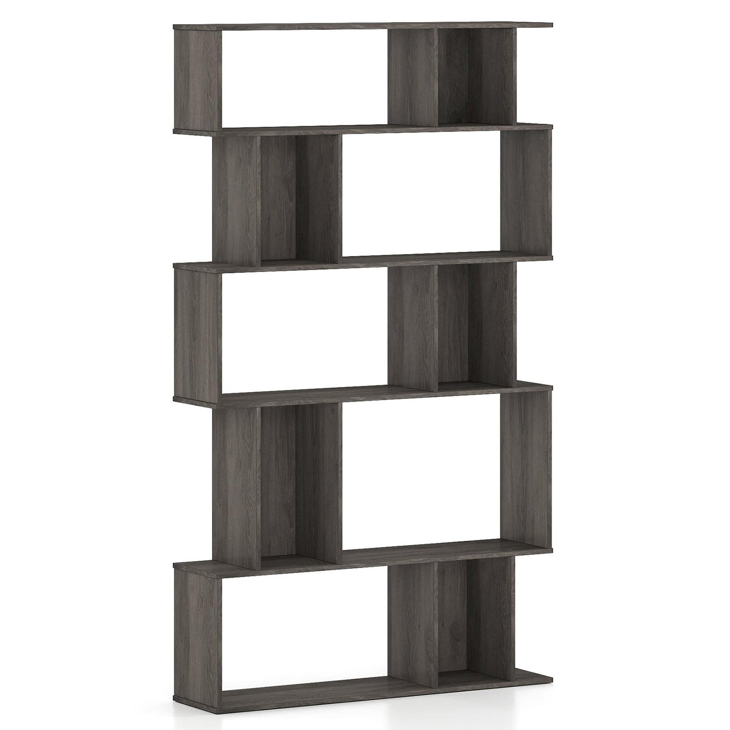 Geometric Bookshelf 5-Tier Bookcase with Open Shelves and Closed-back Cubes-Oak