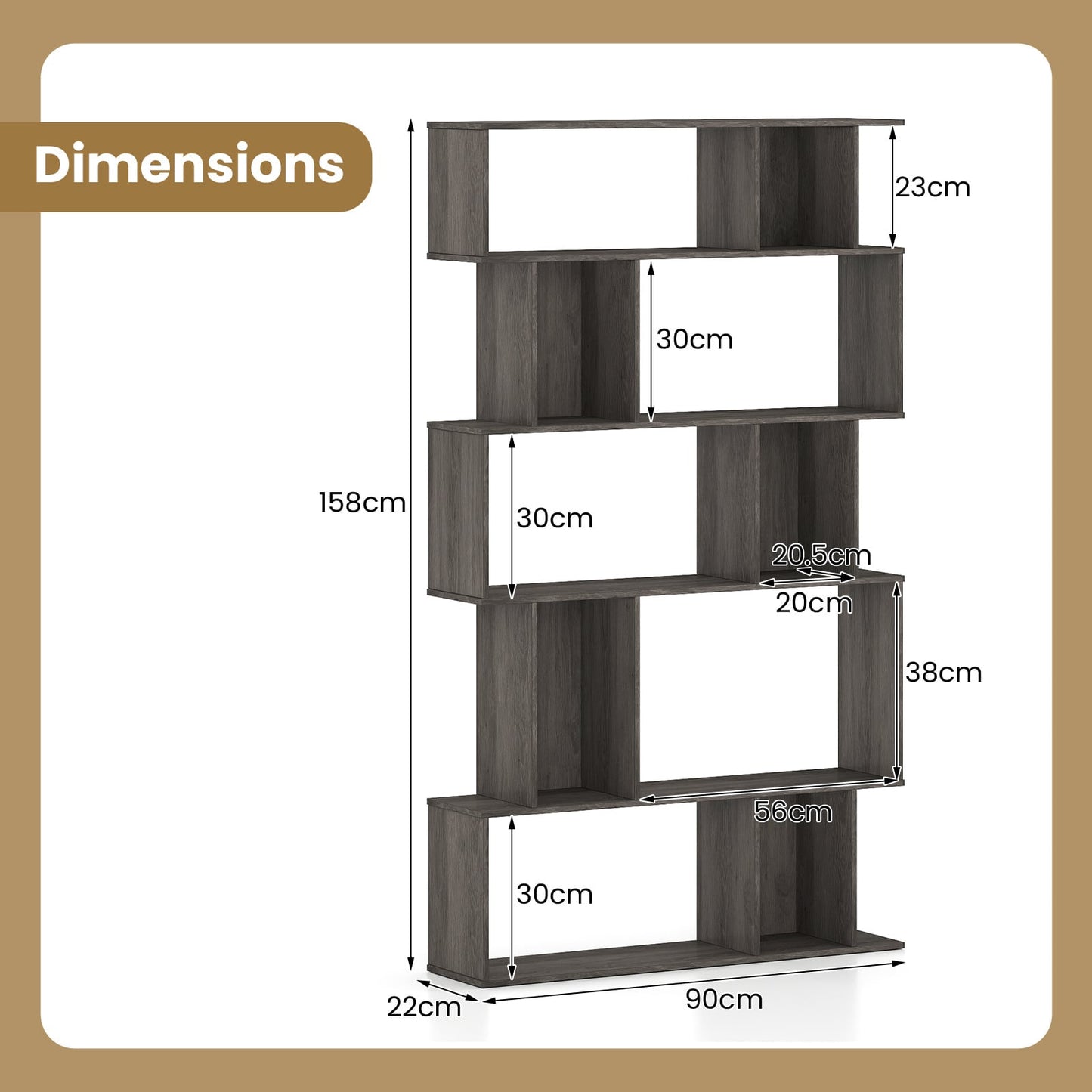 Geometric Bookshelf 5-Tier Bookcase with Open Shelves and Closed-back Cubes-Oak
