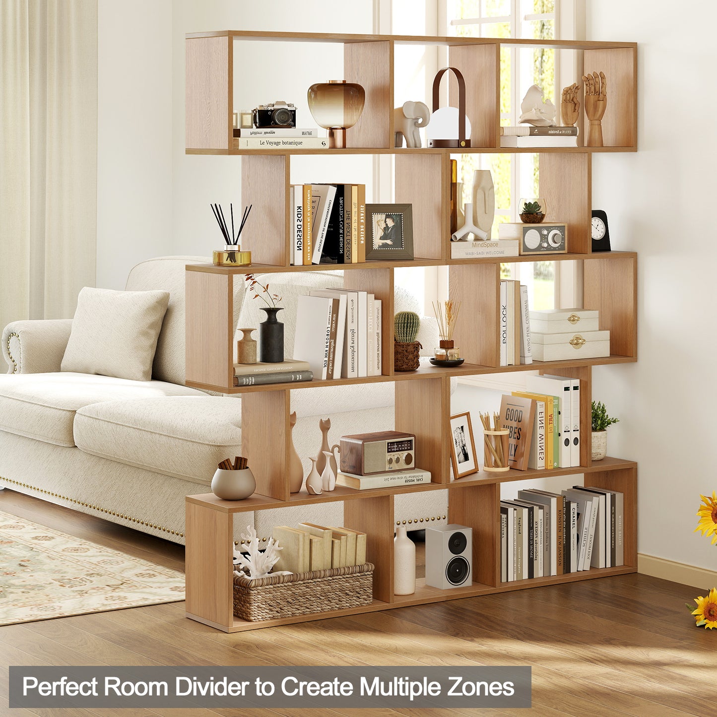 Geometric S-Shaped Bookcase with Anti-Toppling Device for Living Room Home Office-Natural