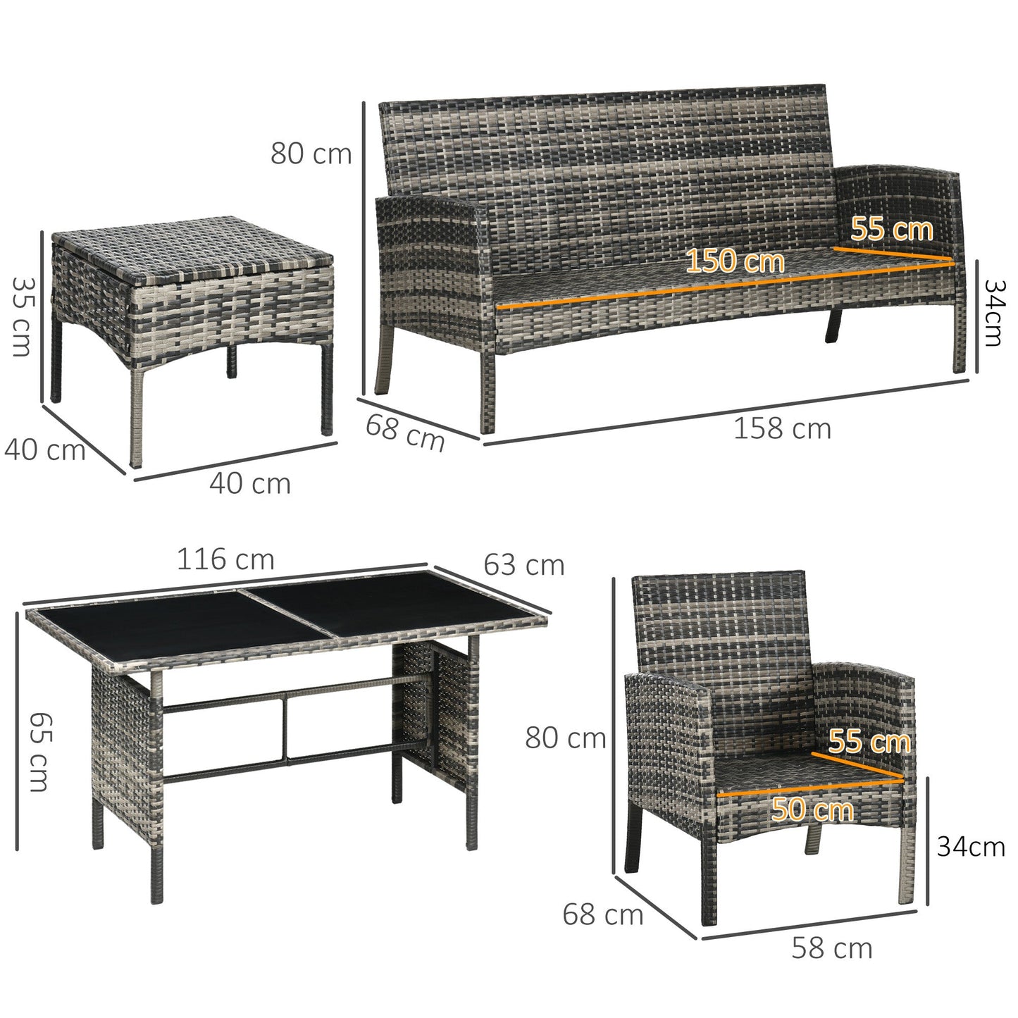 Outsunny 5 Seater Rattan Garden Furniture Set, 2 Armchairs, 3-Seater Wicker Sofa, 2 Footstools and Glass Table, 6 Piece Patio Rattan furniture Sofa Sets with Cushions for Conservatory, Mixed Grey