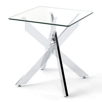 Glass Side Table with Tempered Glass Top and Metal X Base-Silver