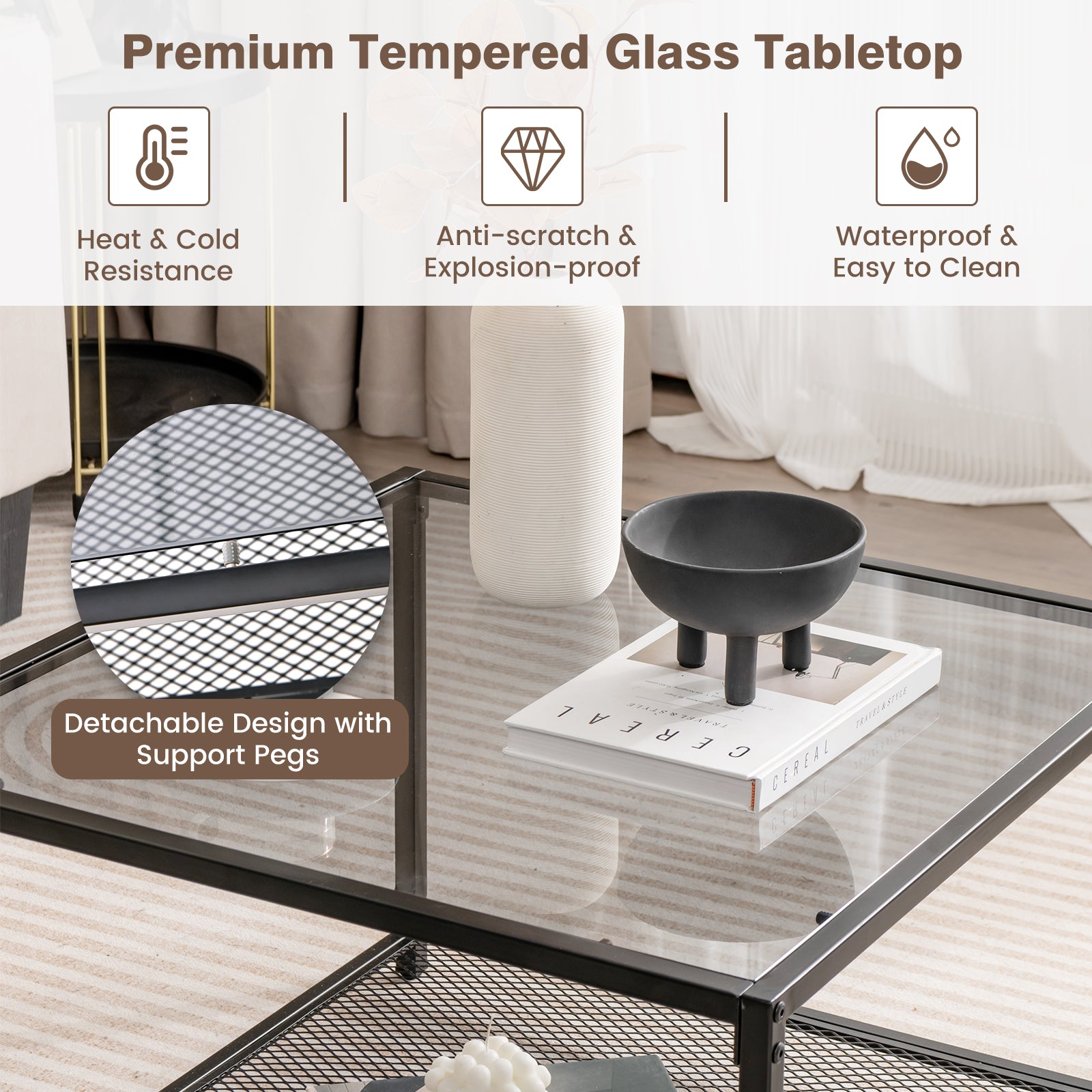 Modern 2-Tier Square Glass Coffee Table with Storage-Grey