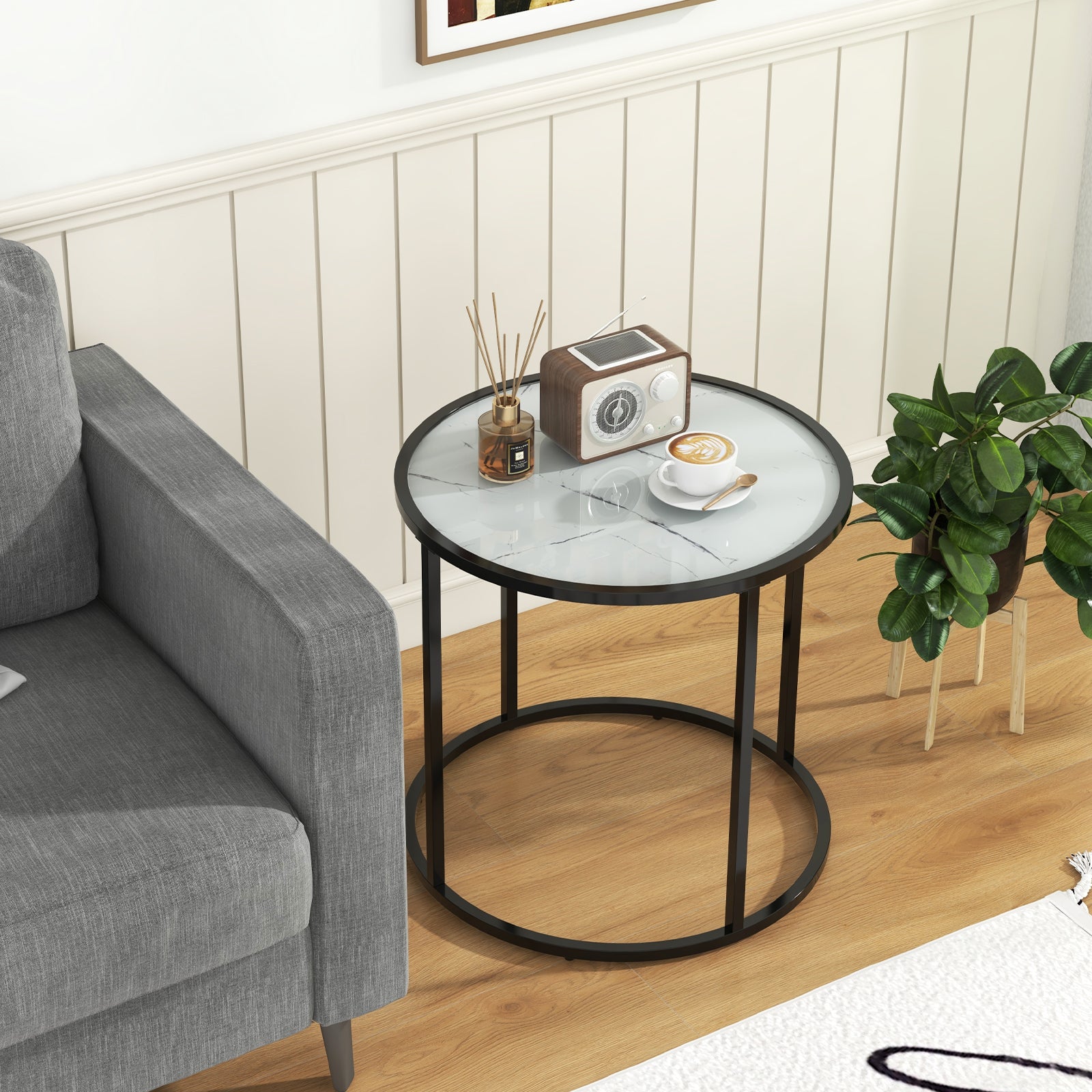 50CM Round Side Table with Metal Frame and Faux Marble Glass Top-White