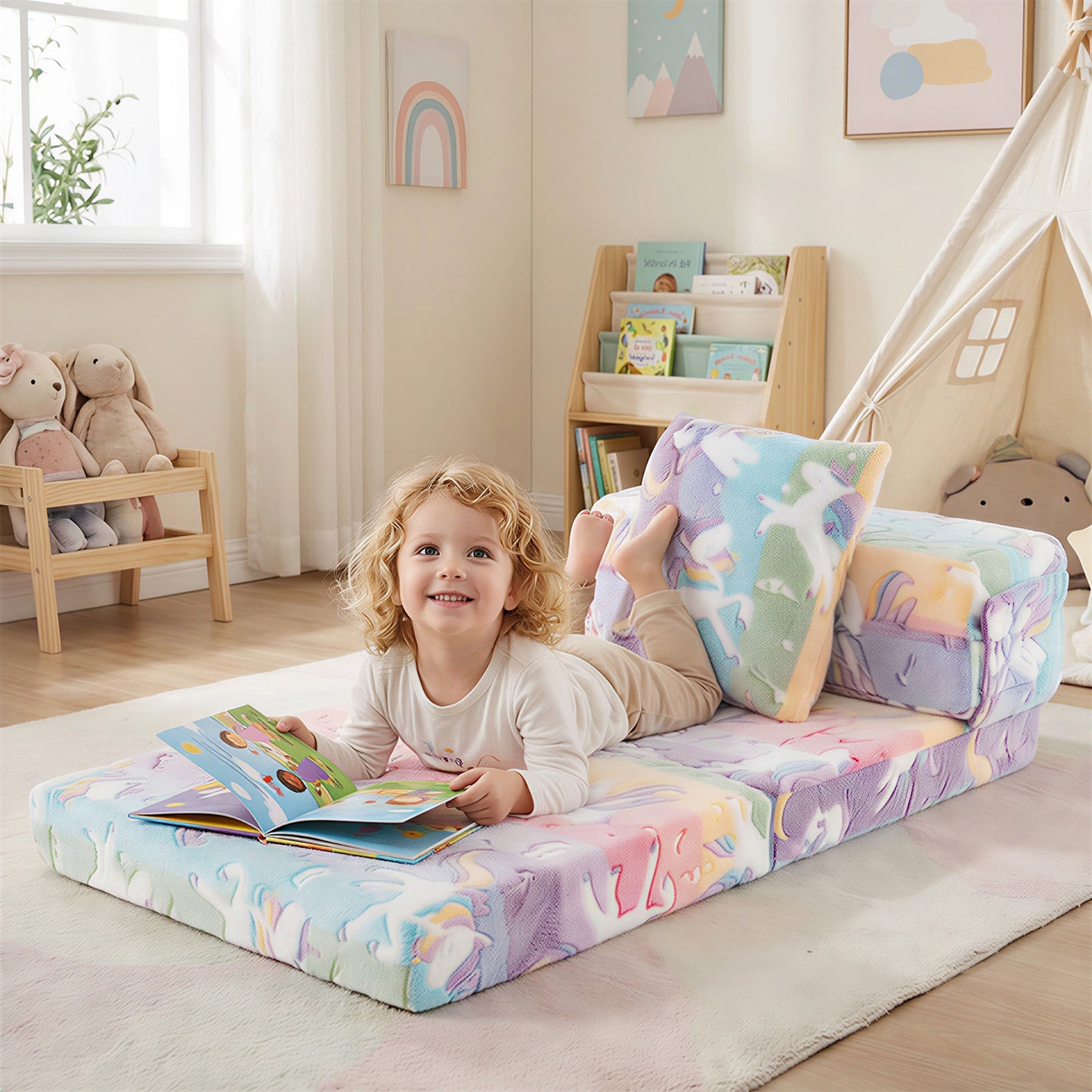 Glow In the Dark Kids Couch with Washable Zippered Covers and Extra Pillow-Colourful