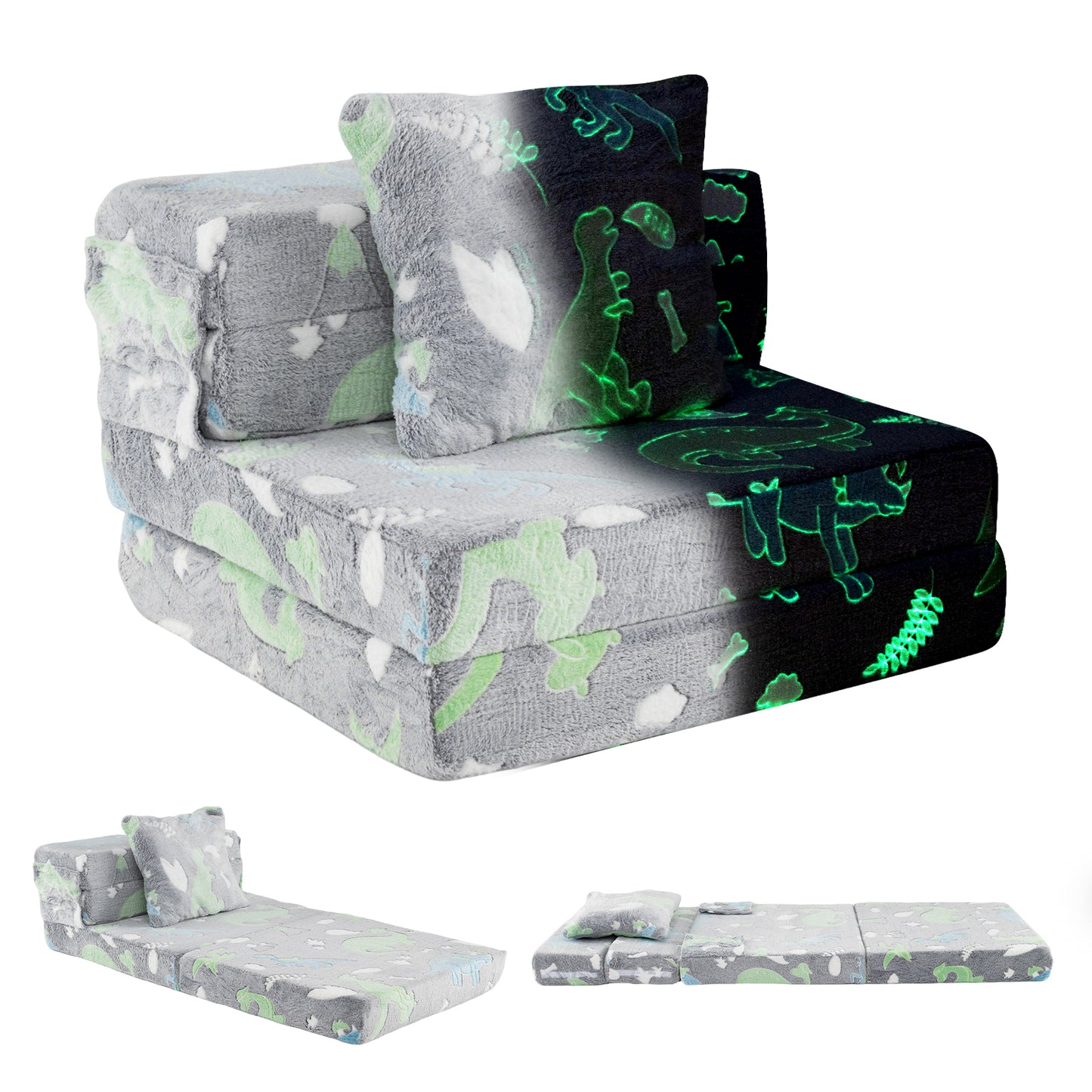 Glow In the Dark Kids Couch with Washable Zippered Covers and Extra Pillow-Grey