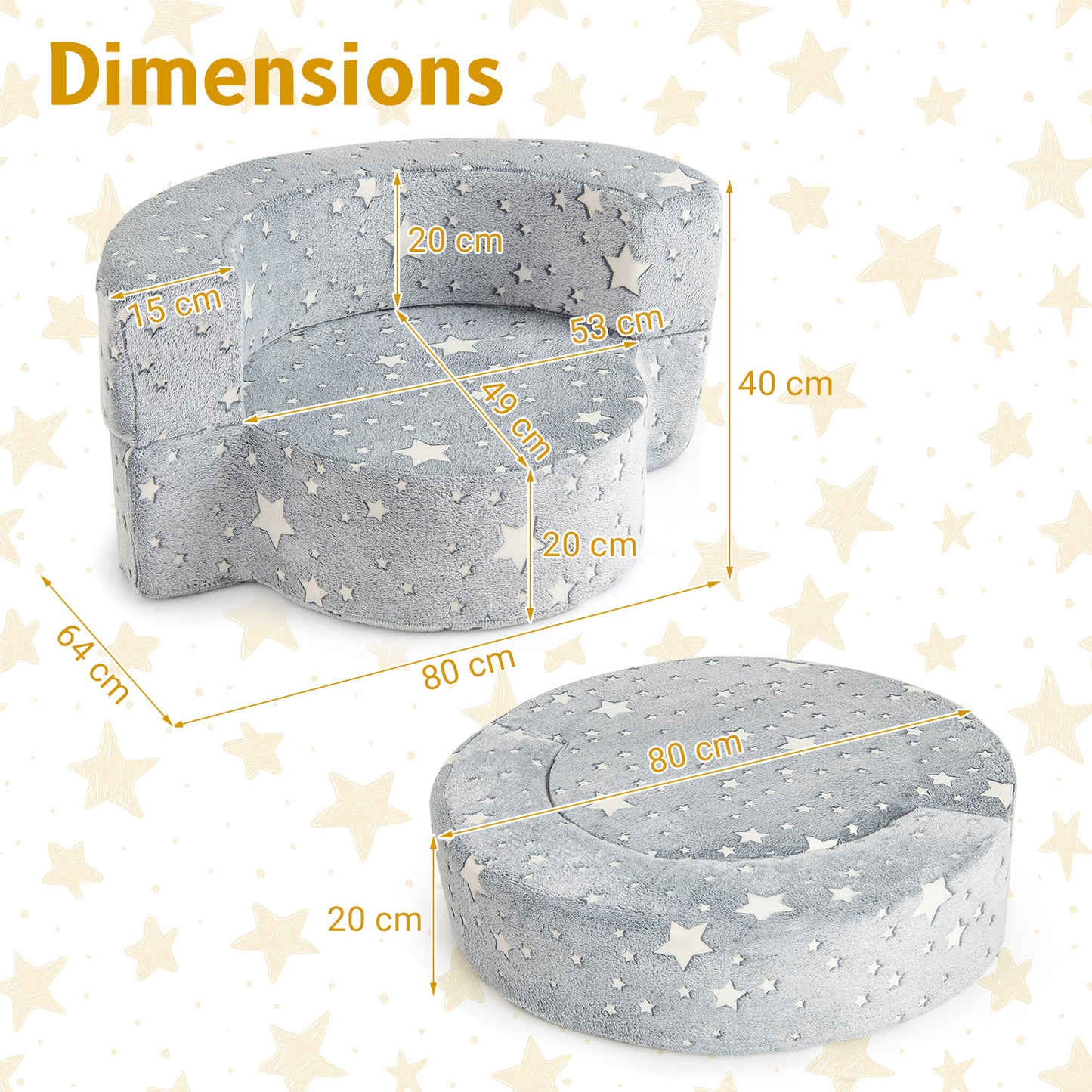 Convertible Glow-in-the-Dark Kids Sofa with Removable Washable Cover-Grey