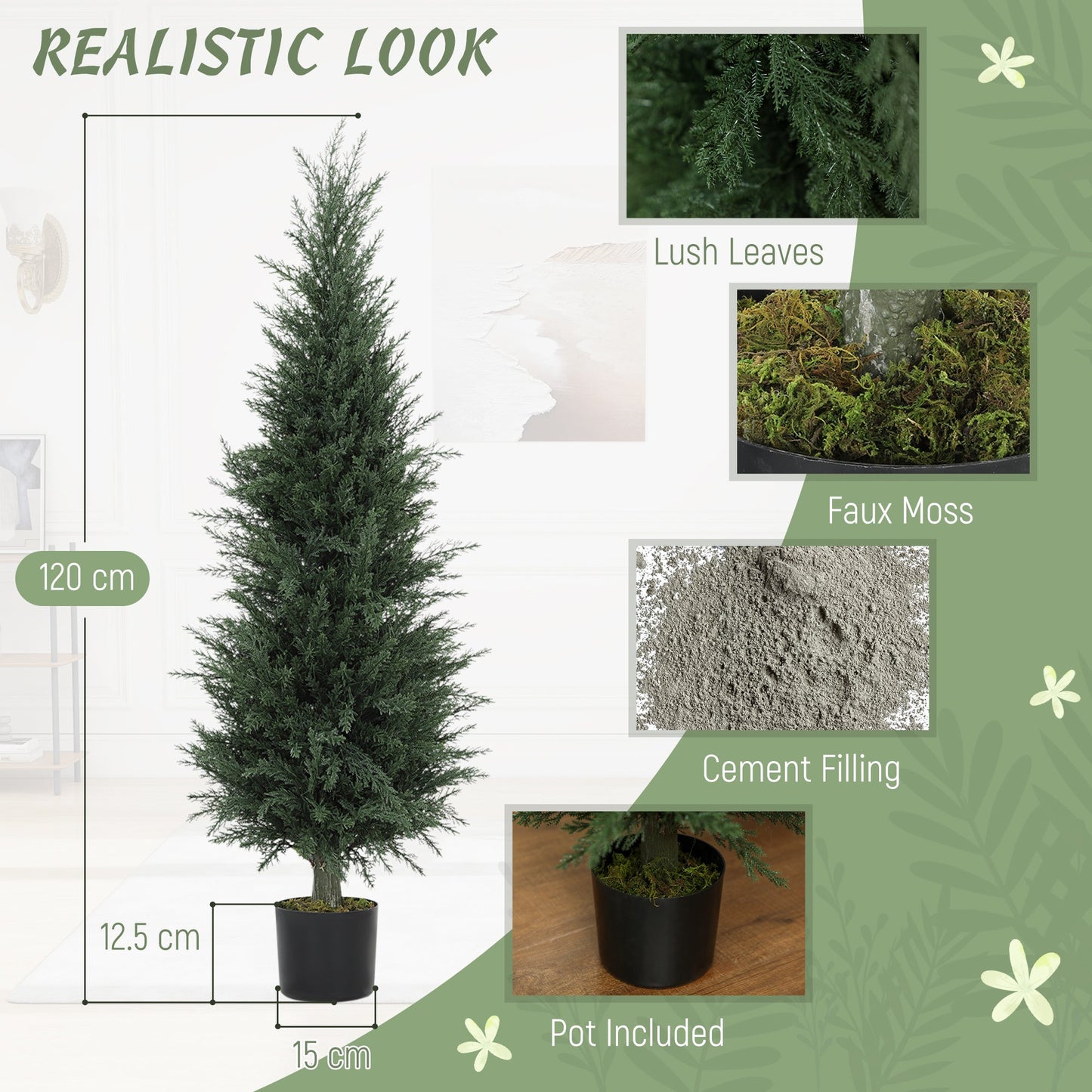 HOMCOM Set of Two Artificial Cypress Trees - Green