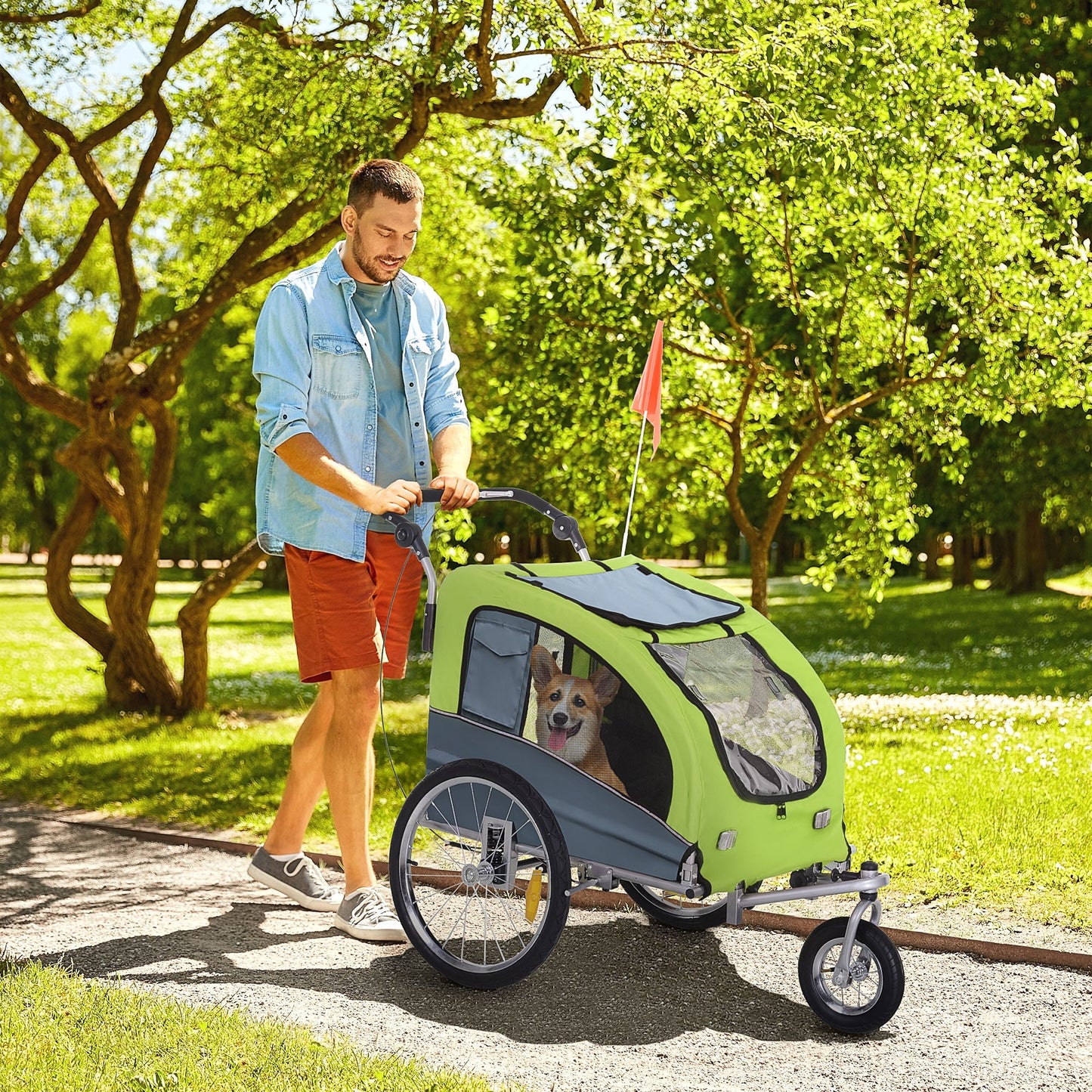 PawHut Dog Bike Trailer Pet Stroller Cart Carrier for Bicycle 360Â° Rotatable with Reflectors 3 Wheels Hitch Coupler Push/ Pull/ Brake Water Resistant Green