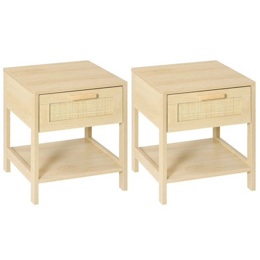 HOMCOM Bedside Table, Nightstand with Rattan Drawer and Storage Open Shelf, Farmhouse Side Table for Bedroom, Living Room, Set of 2