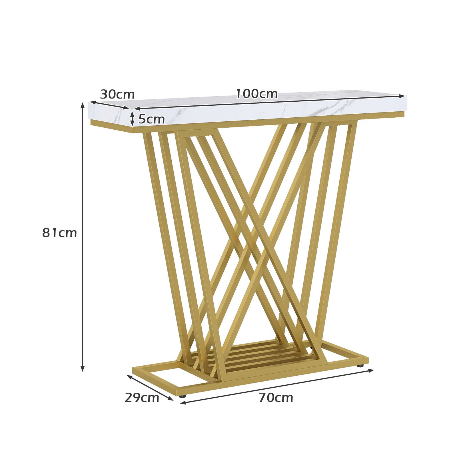 Gold Console Table Modern Sofa Table with Faux Marble Rectangular Tabletop-White