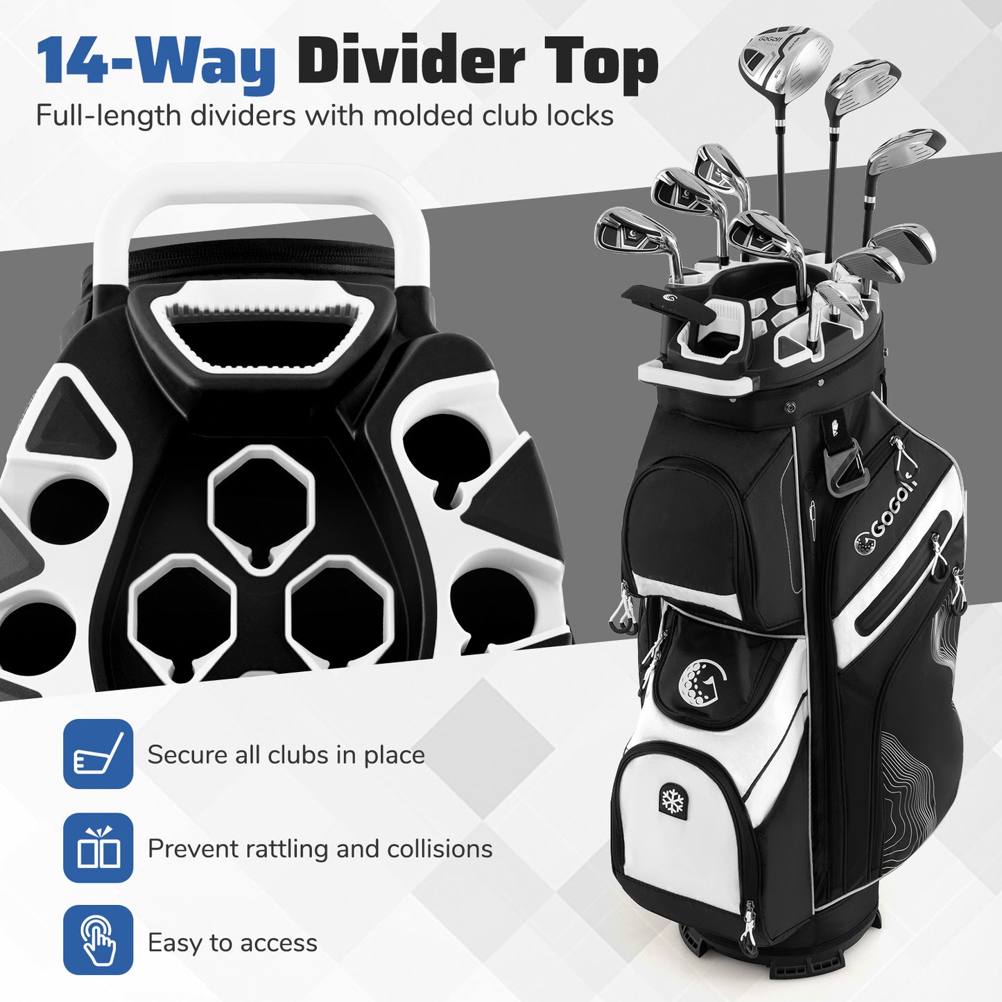 Golf Cart Bag Molded Lock Top Golf Bag with 14-Way Full Length Dividers-Black