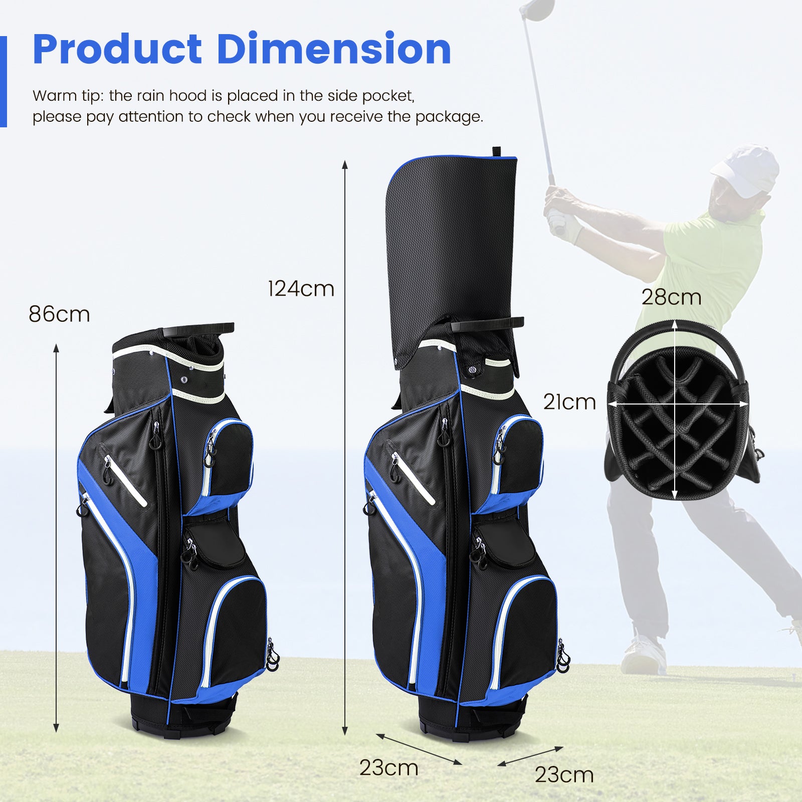 14-Way Golf Cart Bag with 9 Zippered Pockets and Cooler Bag-Blue