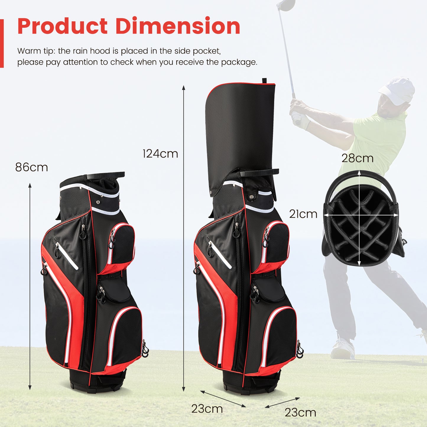 14-Way Golf Cart Bag with 9 Zippered Pockets and Cooler Bag-Red