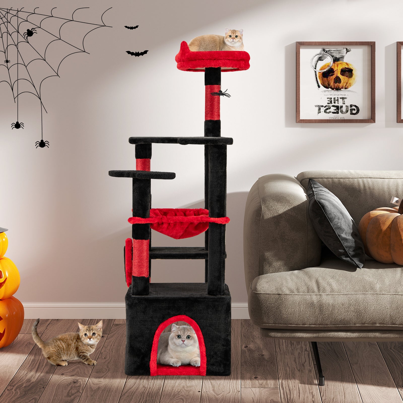 Gothic Cat Tree for Indoor Cats Large Cat Tower with Plush Perch-Red & Black