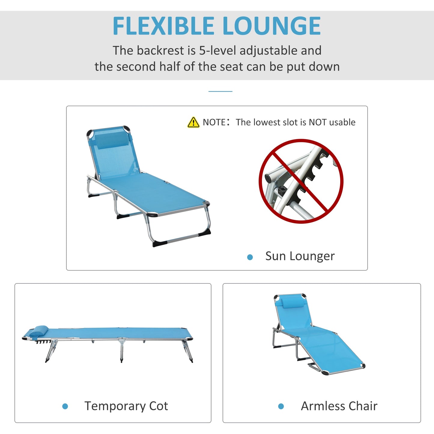 Outsunny Foldable Outdoor Sun Loungers Set of 2, Reclining Lounge Chair Camping Bed Cot with Pillow 4-Level Adjustable Back Aluminium Frame, Blue
