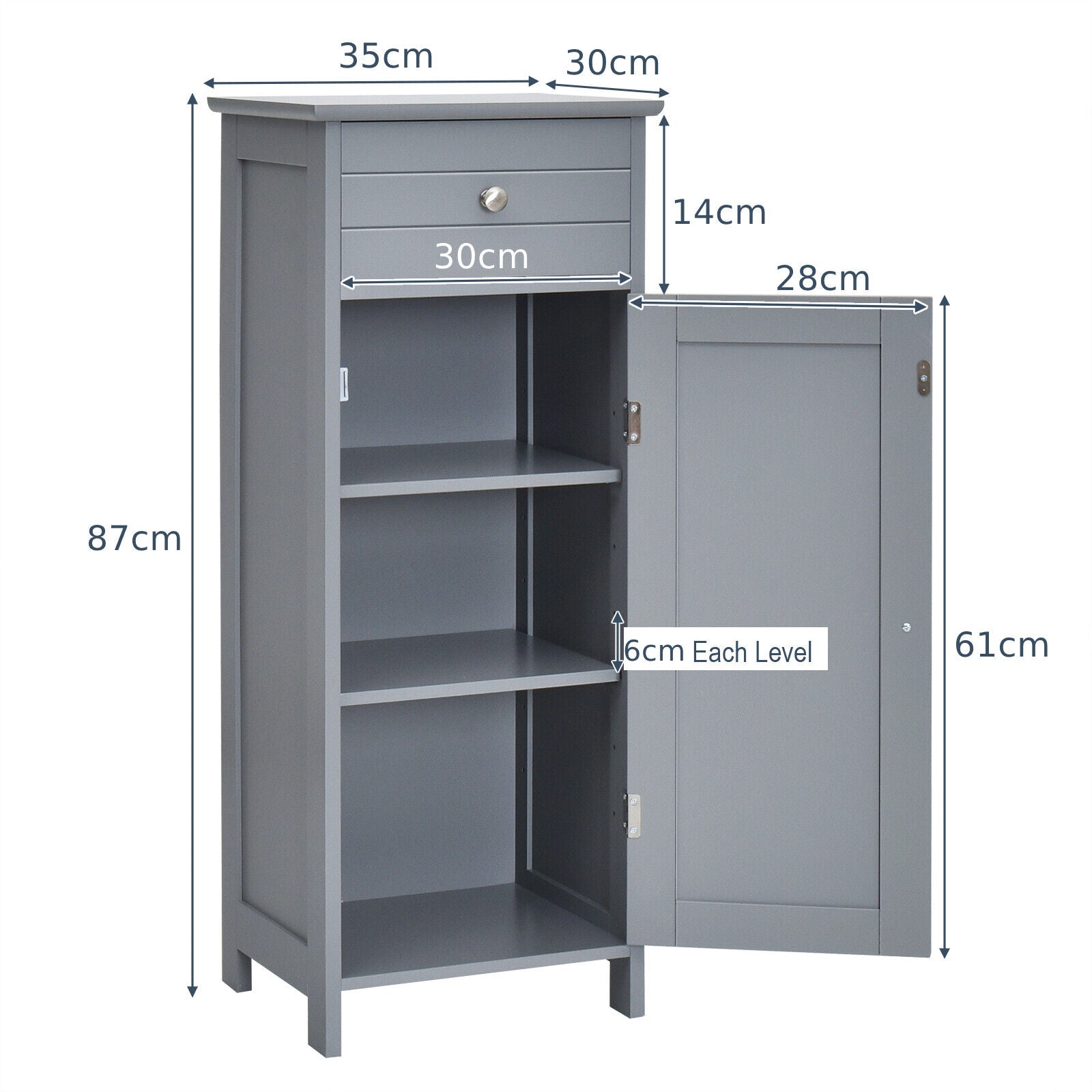 1-Door Freestanding Bathroom Storage Cabinet with Drawer and Adjustable Shelves-Grey