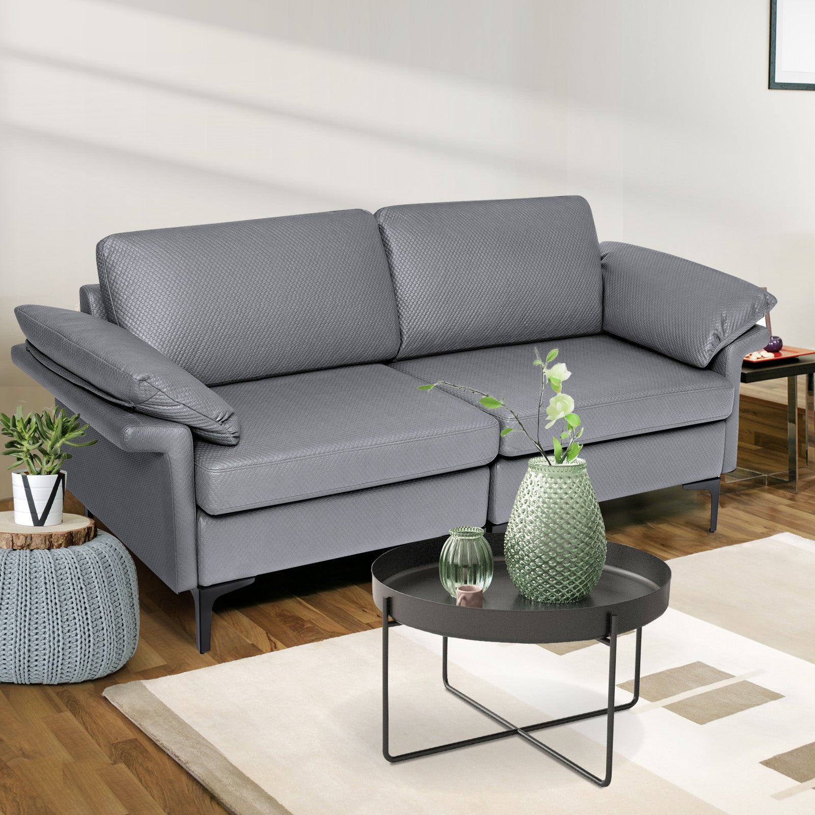 L-Shaped 2-Seater Upholstered Sectional Couch-Grey