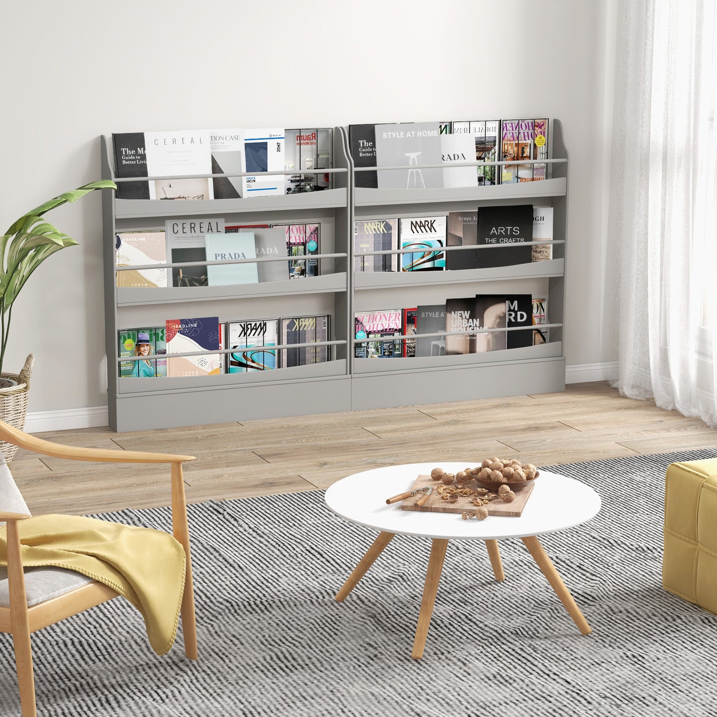 3-Tier Standing Bookshelf with 2 Anti-Tipping Kits and Guardrails-Grey