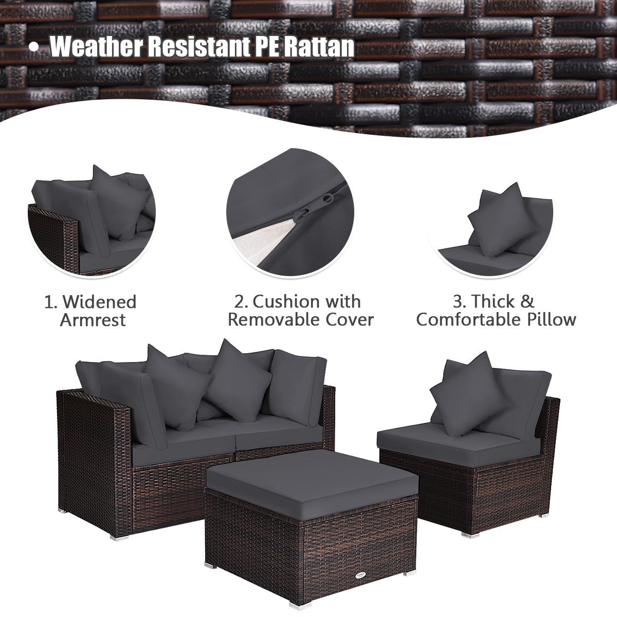 4 Pieces Outdoor Rattan  Conversation Set with Removable Cushions and Pillows-Grey