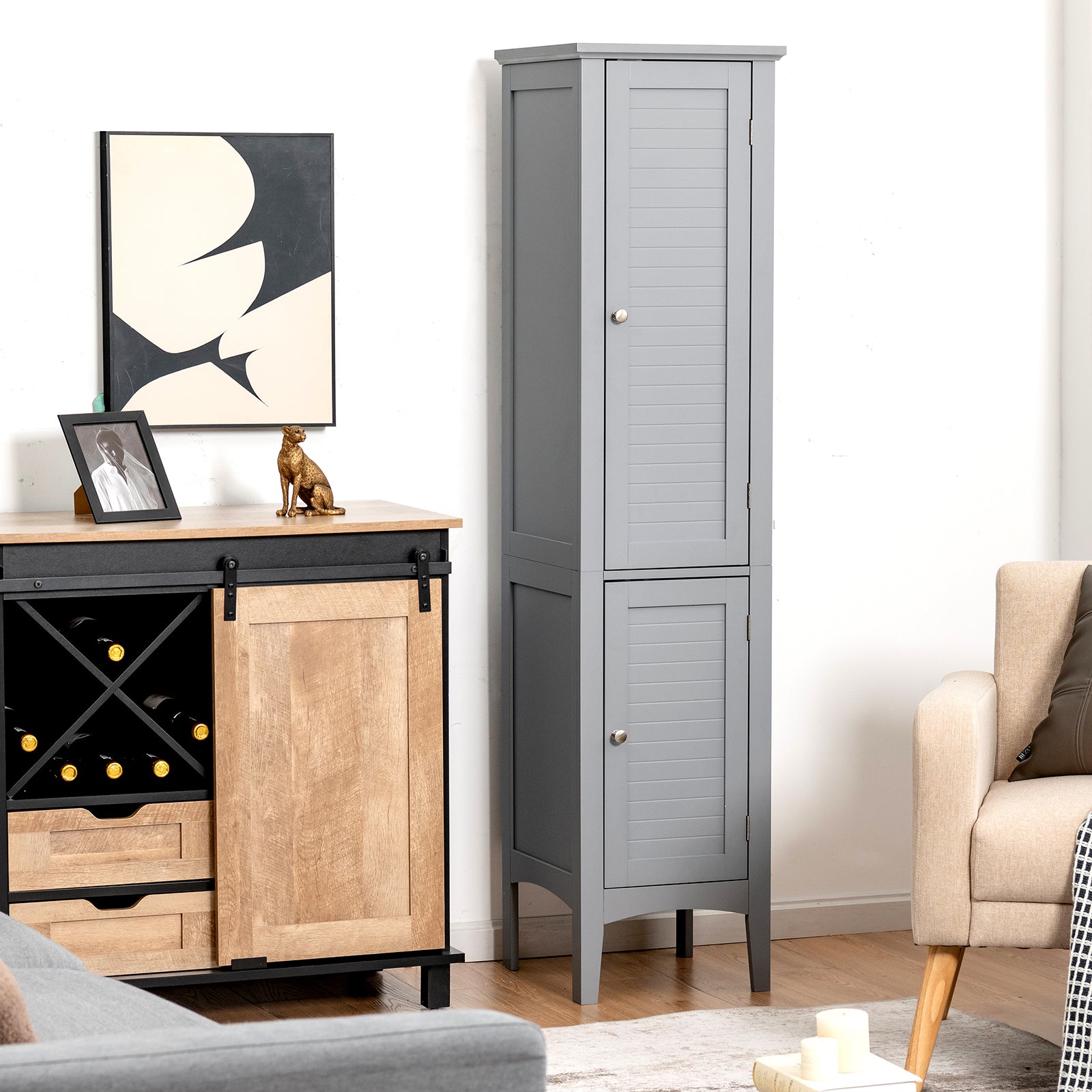 2-Door 160cm High Freestanding Bathroom Cabinet with 5-Tier Shelves-Grey