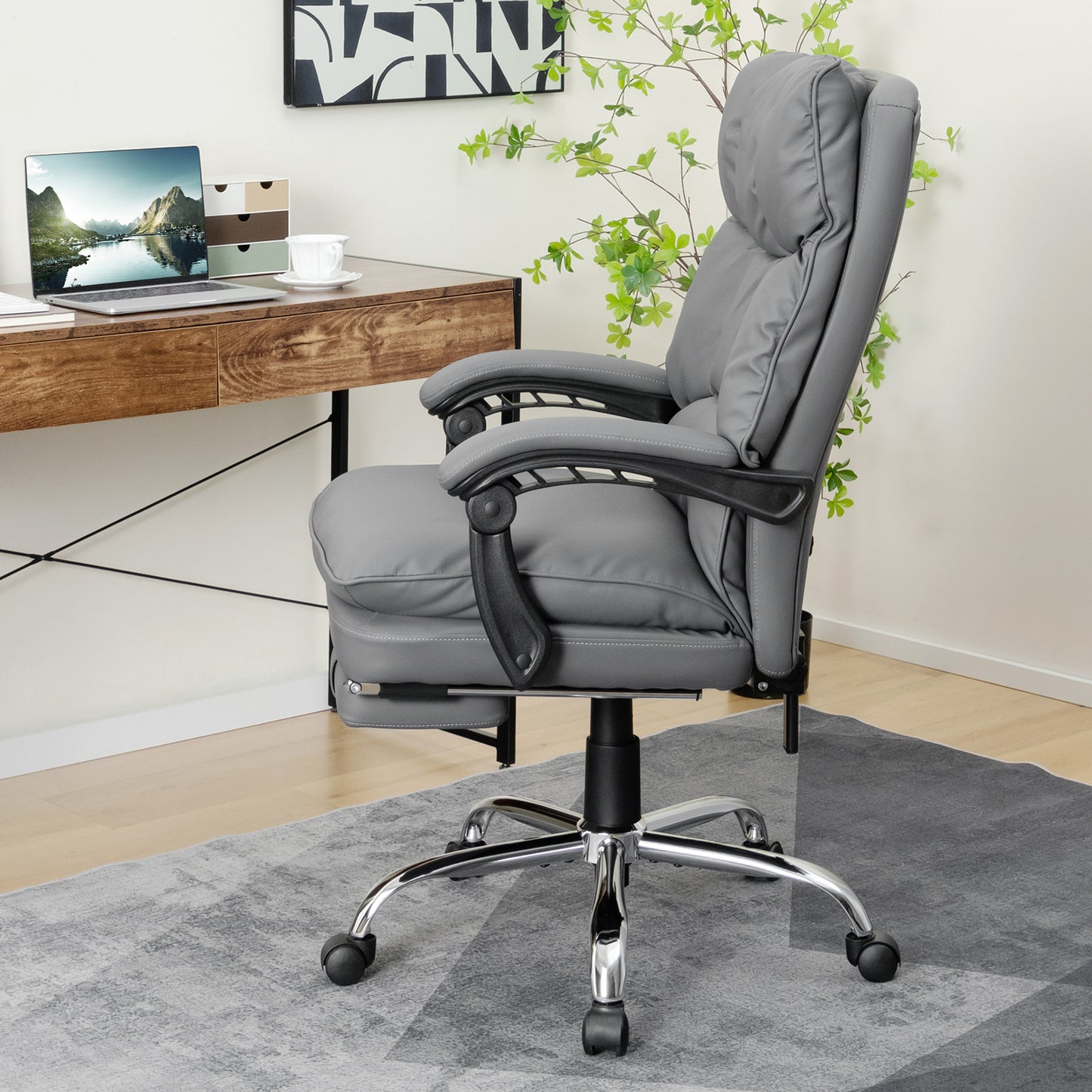 Ergonomic Adjustable High Back Rolling Computer Chair with Retractable Footrest-Grey