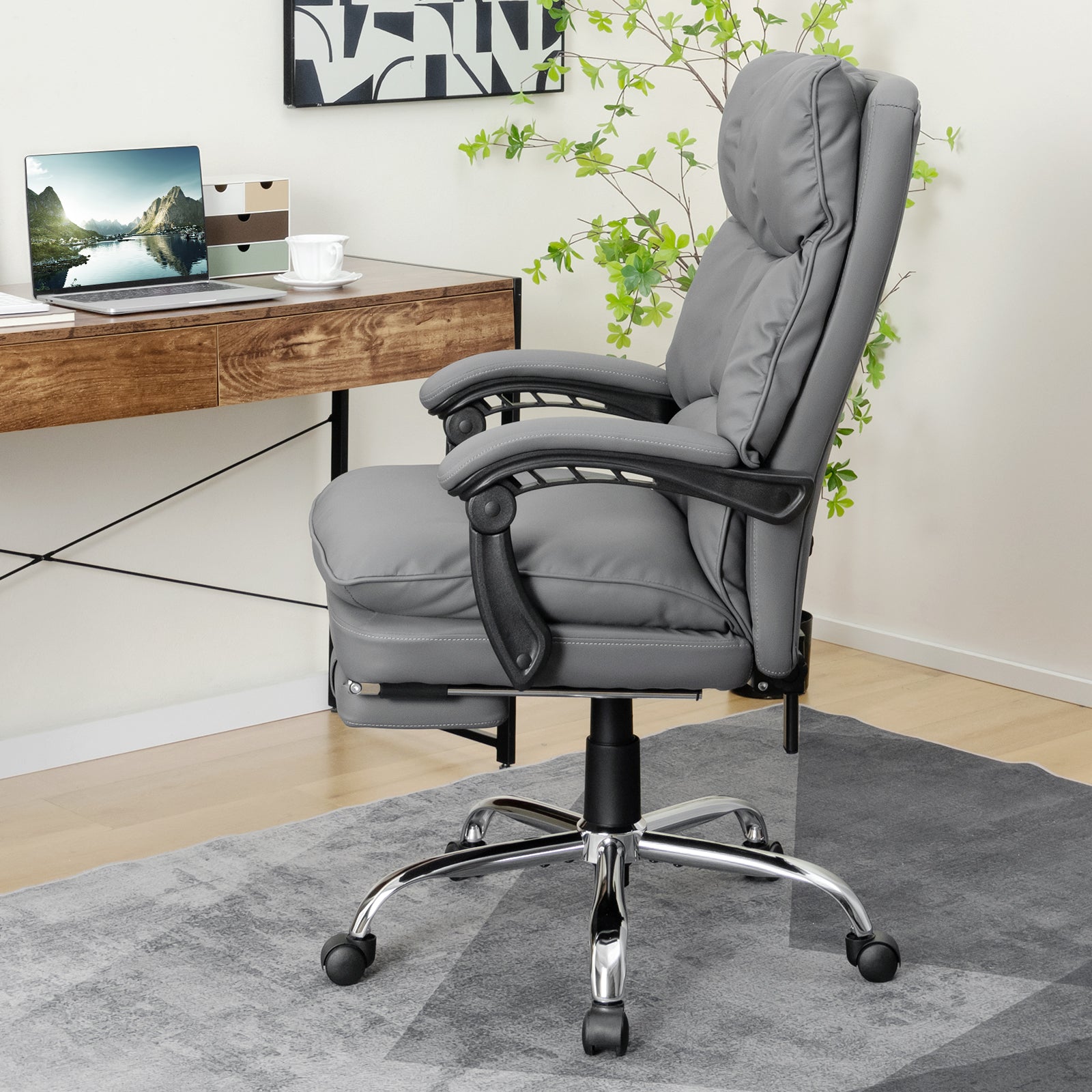 Ergonomic Adjustable High Back Rolling Computer Chair with Retractable Footrest-Grey