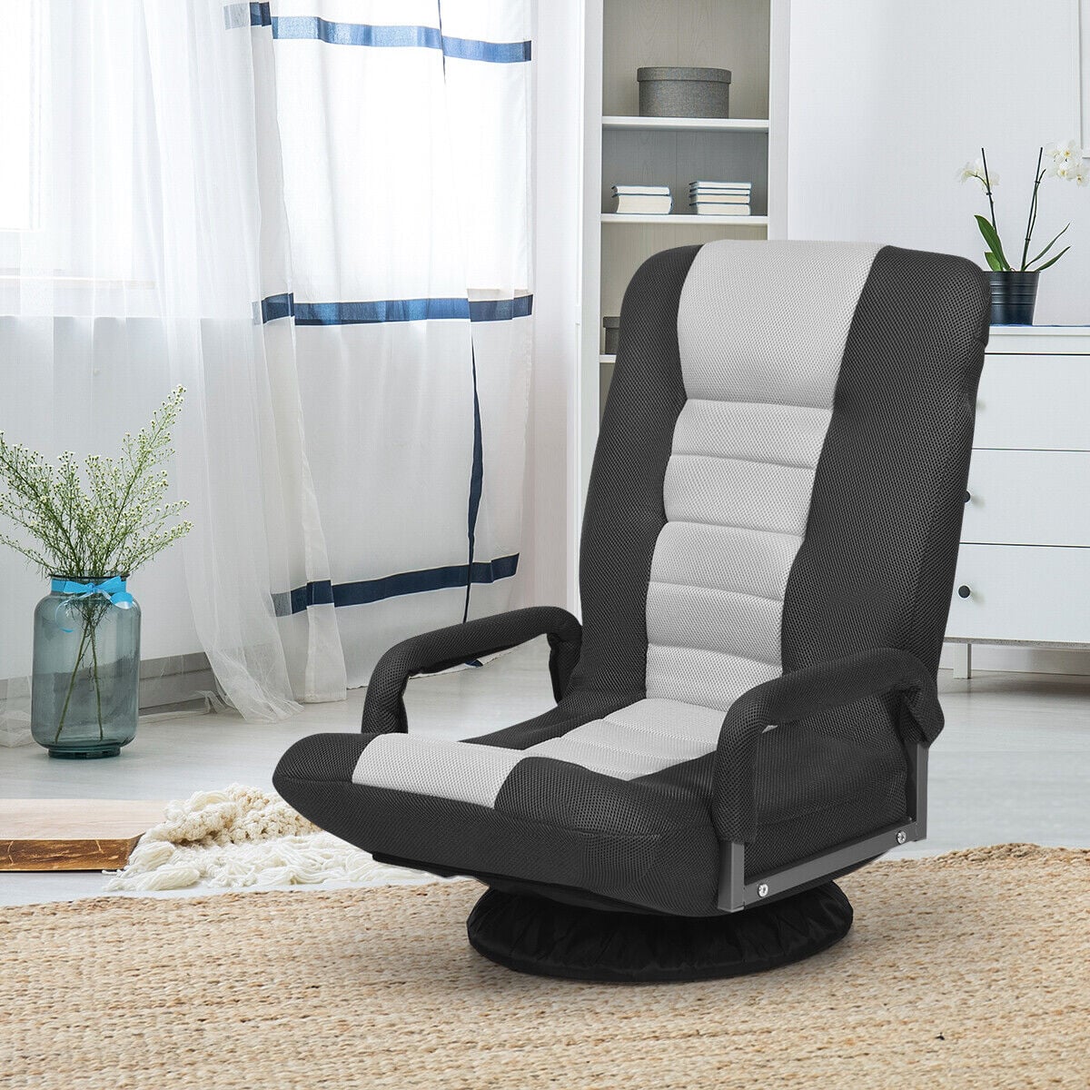 Foldable 360-Degree Swivel Gaming Floor Chair with Adjustable Backrest-Grey