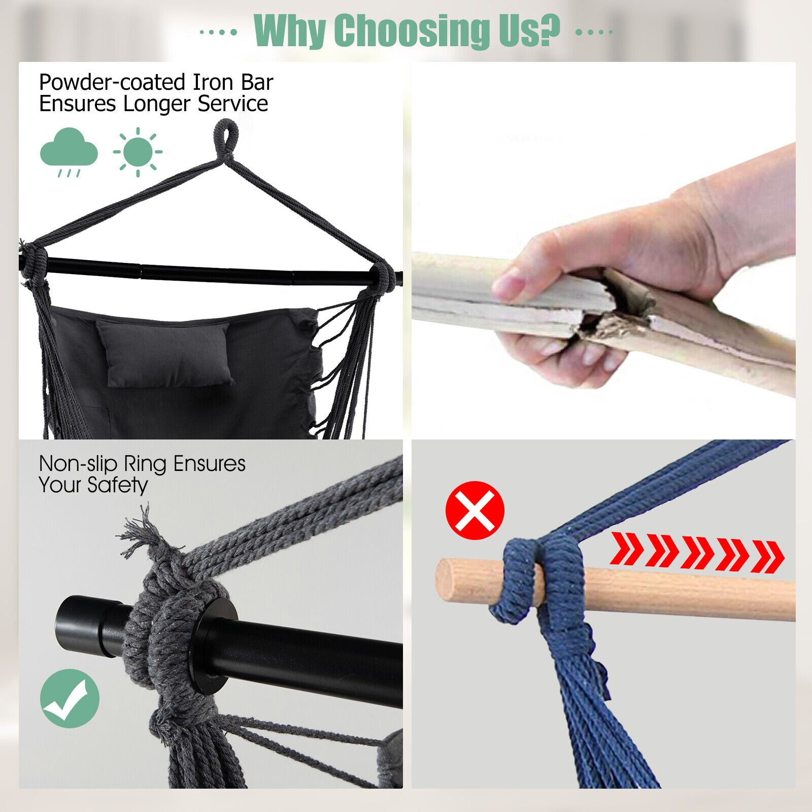 Hammock Swing Chair with Pillow and Cushions for Living Room Patio-Grey