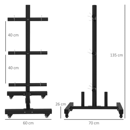 SPORTNOW Weight Rack for Olympic Weight Plate, 3 Tier Weight Tree for 2 inch Plates and Bars, Weight Organiser Stand with 4 Transport Wheels and Clamps for Home Gym, Max Load 200kg, Black