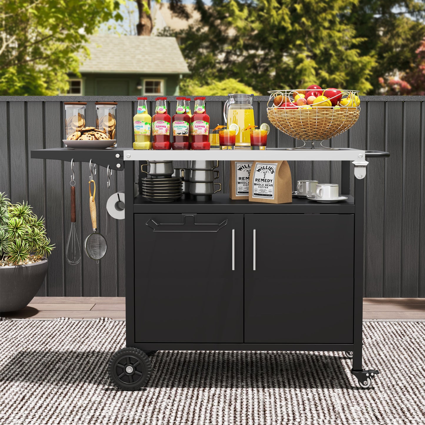 Grill Cart with Storage Outdoor Kitchen Island with Folding Stainless Steel Top-Black