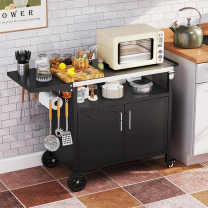 Grill Cart with Storage Outdoor Kitchen Island with Folding Stainless Steel Top-Black