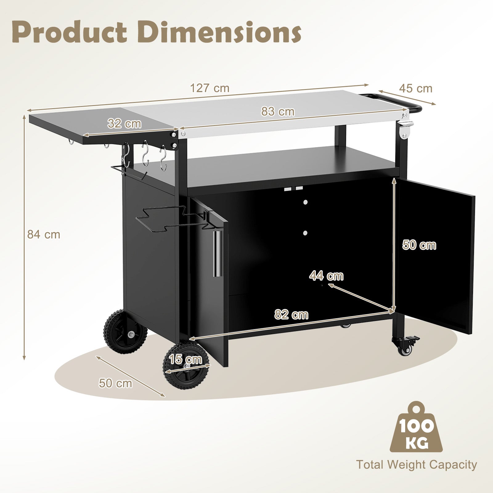 Grill Cart with Storage Outdoor Kitchen Island with Folding Stainless Steel Top-Black