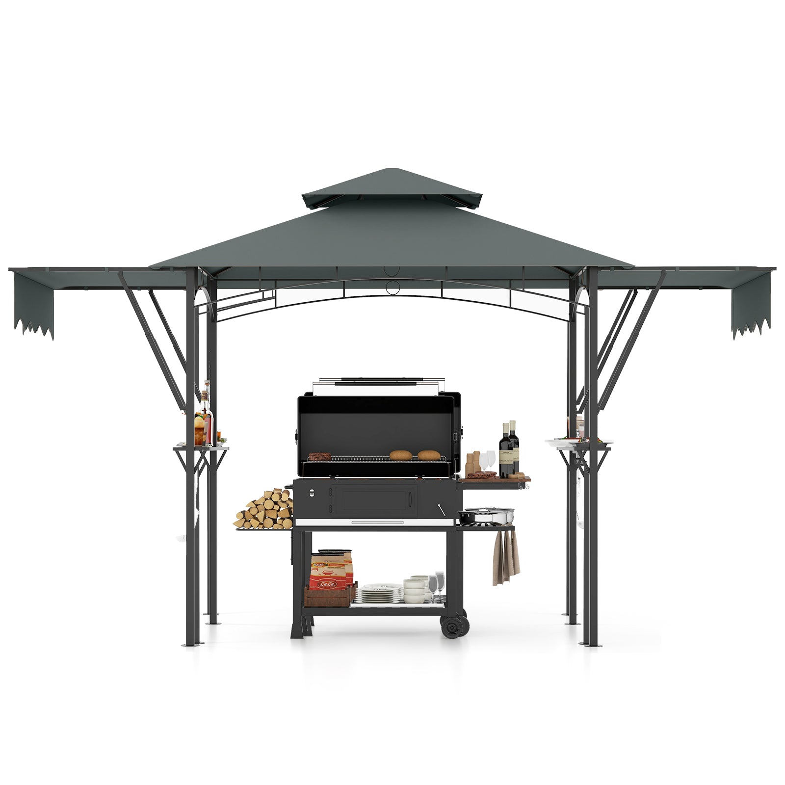 398 x 153 cm Grill Gazebo with Dual Side Awnings and Adjustable Shadow-Grey