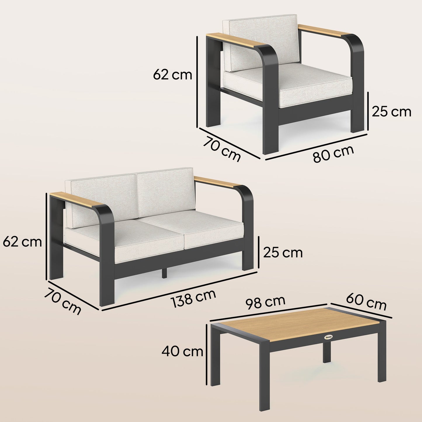 Outsunny 4 Seater Aluminium Garden Furniture Set, Olefin Cushions, Garden Sofa Set with Loveseat, Armchairs, Table, Beige